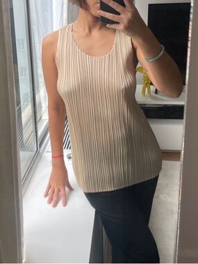 Issey Miyake Pleated Sleeveless Tank in Beige-Tan